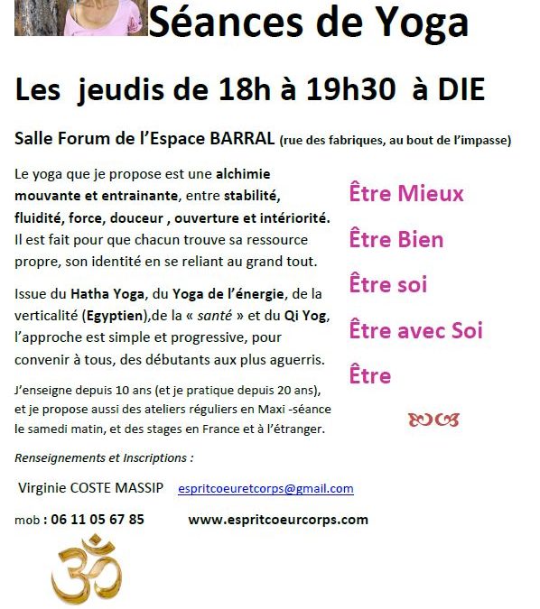 Séances d’essai le 19 et 26 Septembre de Yoga – Les jeudis de 18h à 19h30 à DIE